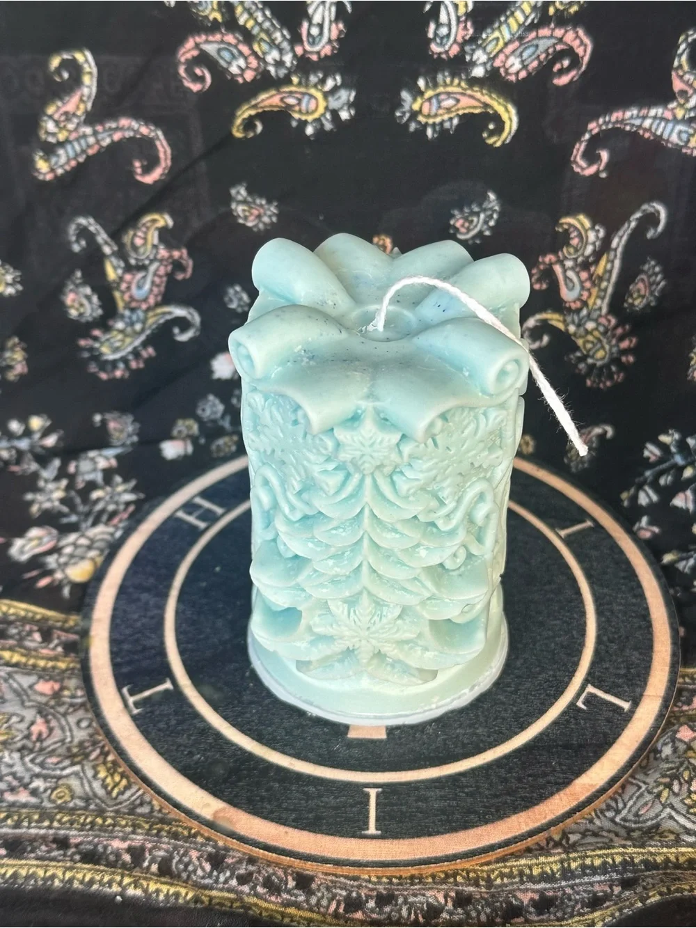 Icy Blue Winter Evergreen Pillar Candle